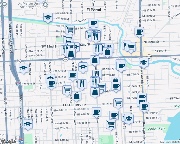 map of restaurants, bars, coffee shops, grocery stores, and more near 7550 Northeast 1st Court in Miami