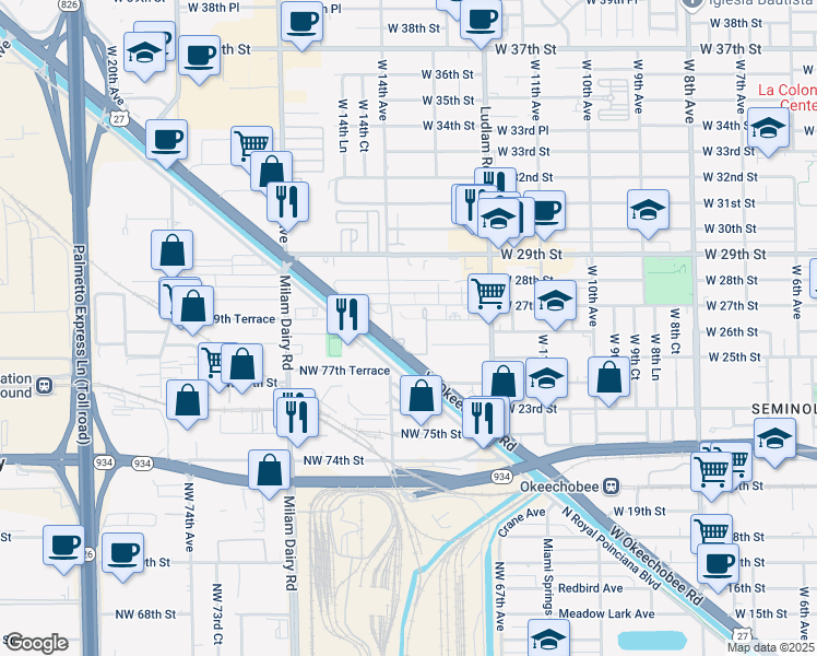 map of restaurants, bars, coffee shops, grocery stores, and more near 2659 West Okeechobee Road in Hialeah
