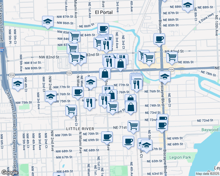 map of restaurants, bars, coffee shops, grocery stores, and more near 259 Northeast 76th Street in Miami