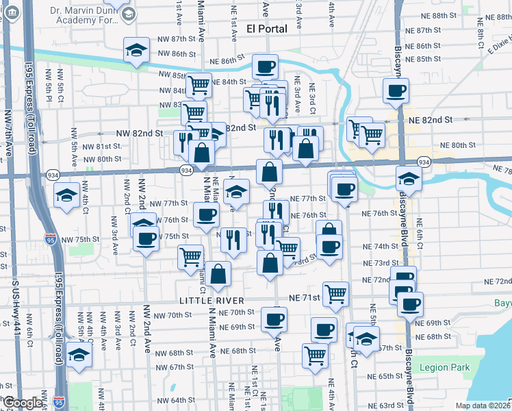 map of restaurants, bars, coffee shops, grocery stores, and more near 7550 Northeast 1st Court in Miami