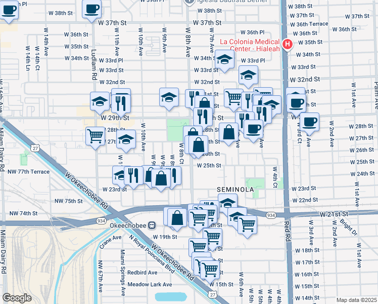 map of restaurants, bars, coffee shops, grocery stores, and more near 9 West 8th Avenue in Hialeah