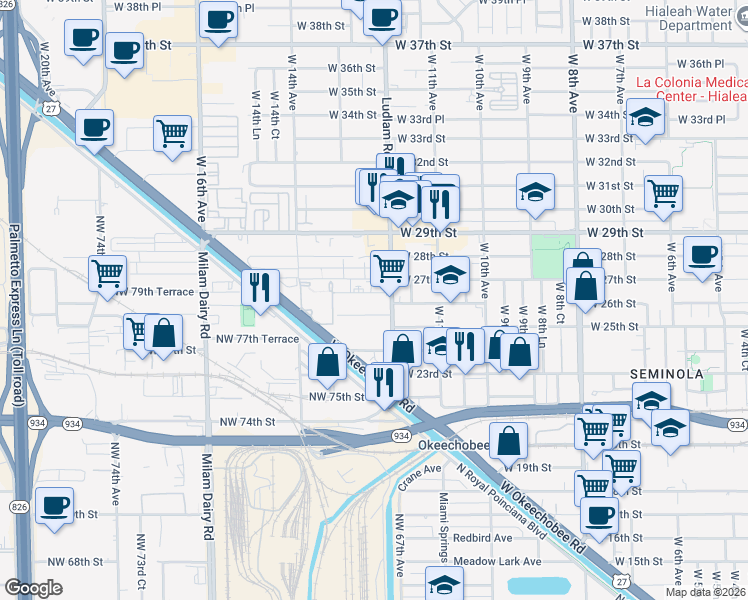 map of restaurants, bars, coffee shops, grocery stores, and more near 1235 West 25th Place in Hialeah