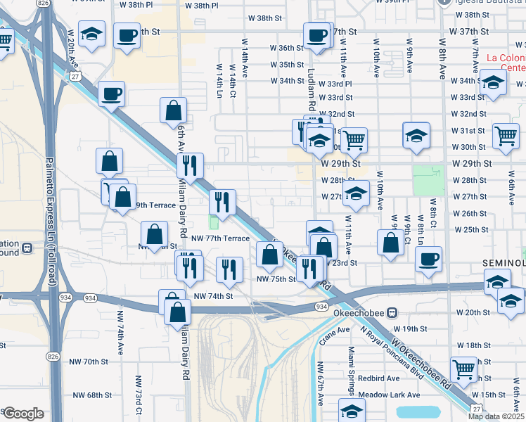 map of restaurants, bars, coffee shops, grocery stores, and more near 2659 Okeechobee Road in Hialeah