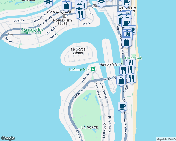 map of restaurants, bars, coffee shops, grocery stores, and more near 6440 North Bay Road in Miami Beach