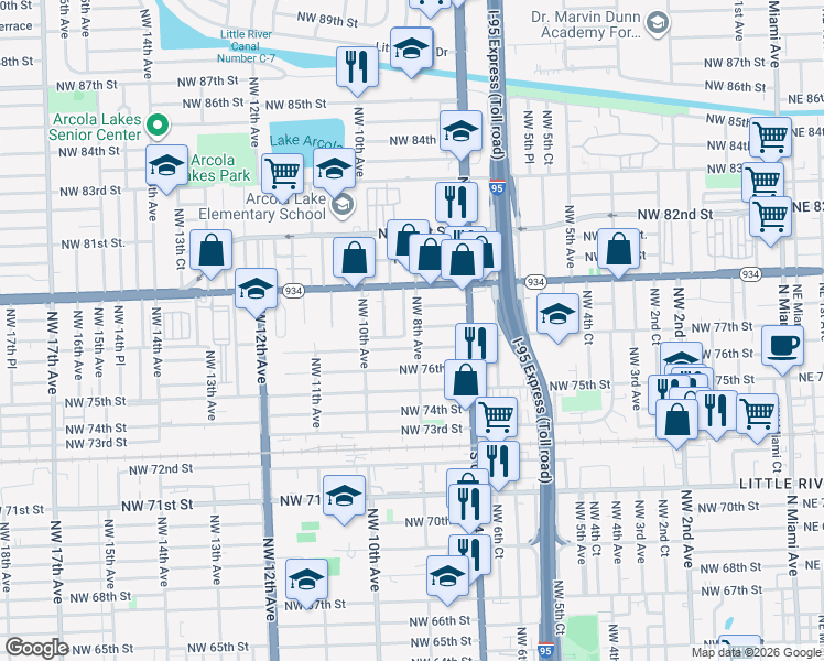 map of restaurants, bars, coffee shops, grocery stores, and more near 781 Northwest 77th Street in Miami