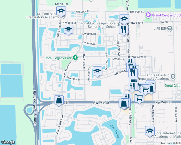 map of restaurants, bars, coffee shops, grocery stores, and more near 7883 Northwest 111th Court in Doral