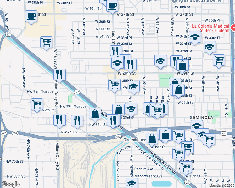 map of restaurants, bars, coffee shops, grocery stores, and more near 2601 West 12th Avenue in Hialeah