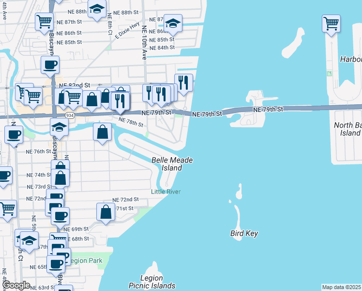 map of restaurants, bars, coffee shops, grocery stores, and more near 7751 Northeast Bayshore Court in Miami