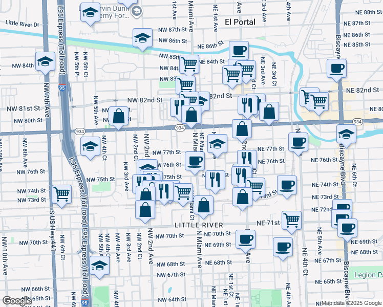 map of restaurants, bars, coffee shops, grocery stores, and more near 7618 North Miami Avenue in Miami