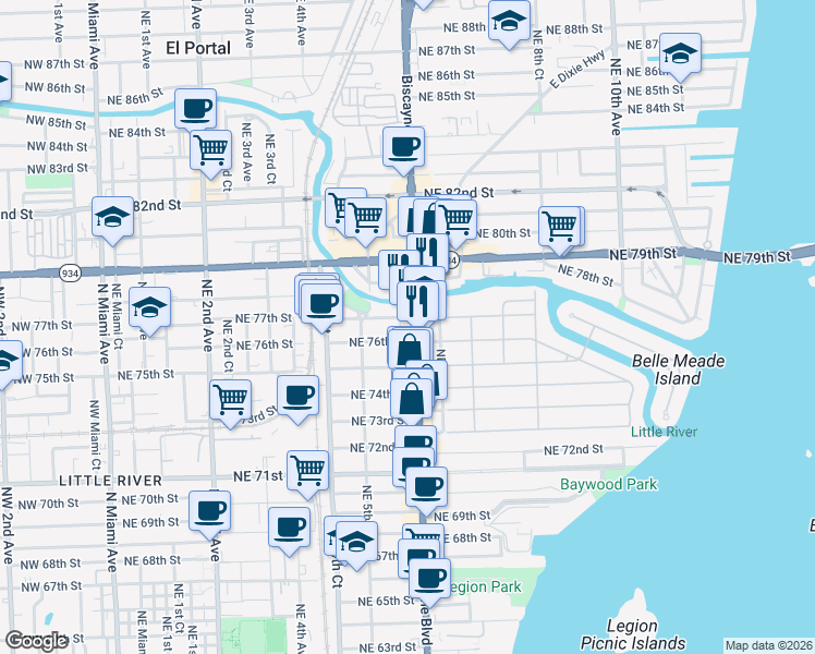 map of restaurants, bars, coffee shops, grocery stores, and more near 562 Northeast 76th Street in Miami