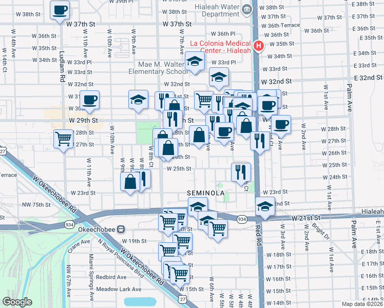 map of restaurants, bars, coffee shops, grocery stores, and more near 2571 West 6th Lane in Hialeah