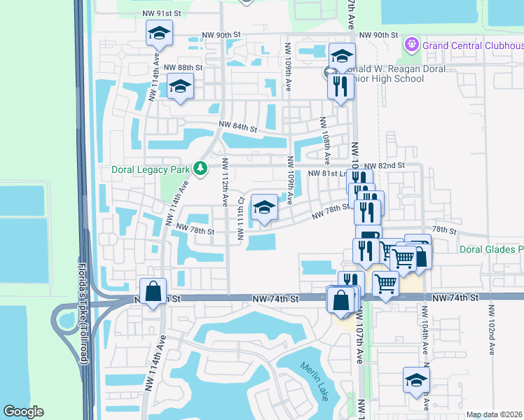 map of restaurants, bars, coffee shops, grocery stores, and more near 7862 Northwest 109th Path in Doral