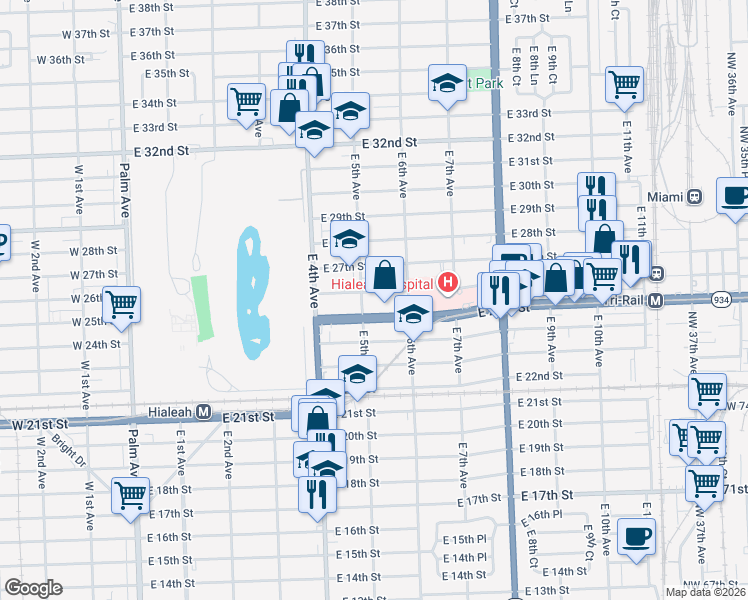 map of restaurants, bars, coffee shops, grocery stores, and more near 563 East 25th Street in Hialeah