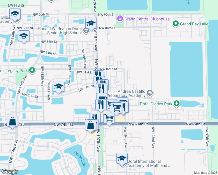 map of restaurants, bars, coffee shops, grocery stores, and more near 10569 Northwest 78th Terrace in Doral