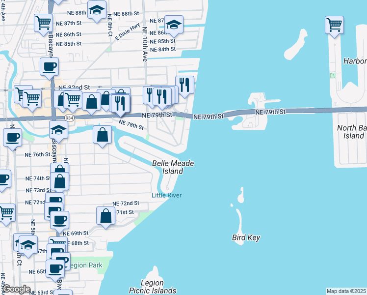map of restaurants, bars, coffee shops, grocery stores, and more near 7485 Northeast Bayshore Court in Miami