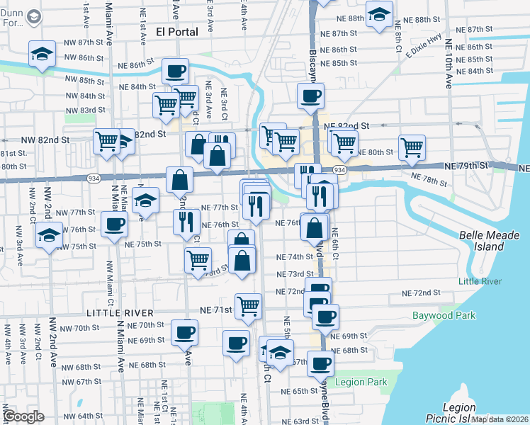 map of restaurants, bars, coffee shops, grocery stores, and more near 7600 Northeast 4th Court in Miami