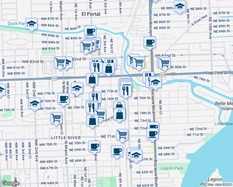 map of restaurants, bars, coffee shops, grocery stores, and more near 353 Northeast 76th Street in Miami