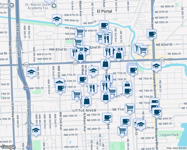 map of restaurants, bars, coffee shops, grocery stores, and more near 7550 Northeast 1st Court in Miami