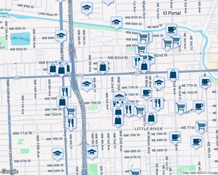 map of restaurants, bars, coffee shops, grocery stores, and more near 7636 Northwest 2nd Court in Miami
