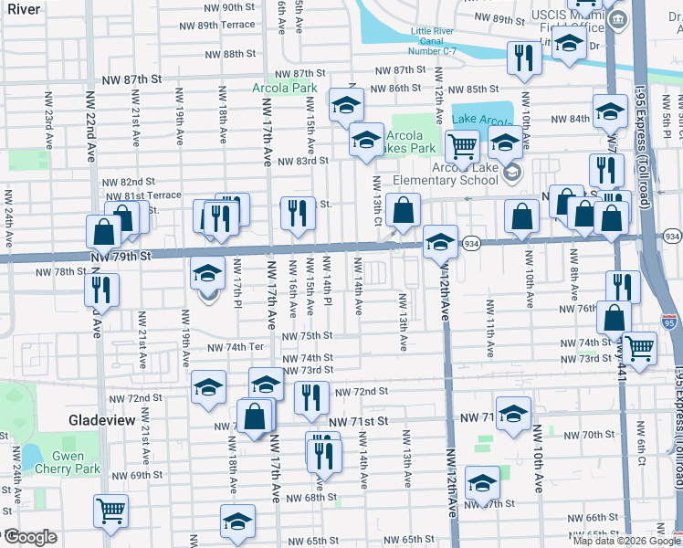 map of restaurants, bars, coffee shops, grocery stores, and more near 7700 Northwest 14th Avenue in Miami