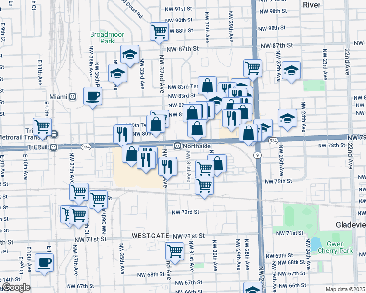 map of restaurants, bars, coffee shops, grocery stores, and more near 3131 Northwest 77th Street in Miami
