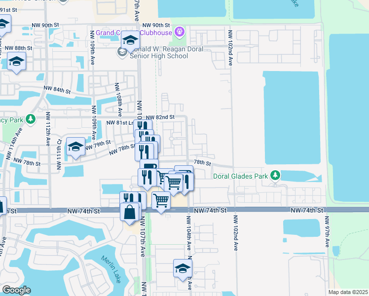 map of restaurants, bars, coffee shops, grocery stores, and more near 7814 Northwest 104th Court in Doral