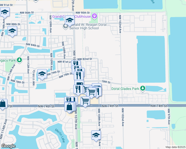 map of restaurants, bars, coffee shops, grocery stores, and more near 7814 Northwest 104th Court in Doral