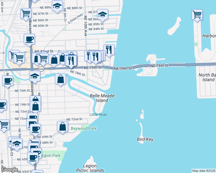 map of restaurants, bars, coffee shops, grocery stores, and more near 7485 Northeast Bayshore Court in Miami
