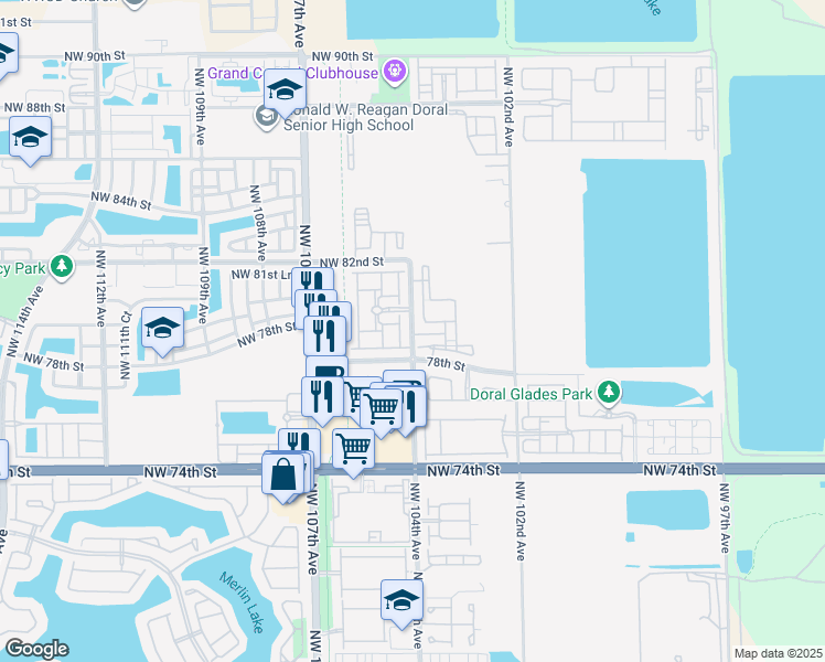 map of restaurants, bars, coffee shops, grocery stores, and more near 7814 Northwest 104th Court in Doral