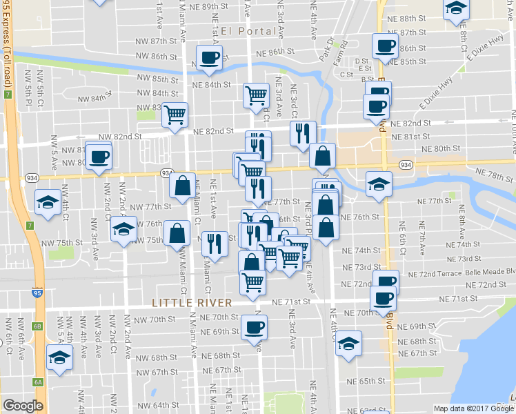 map of restaurants, bars, coffee shops, grocery stores, and more near 7618 Northeast 2nd Avenue in Miami