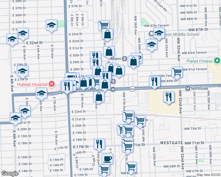 map of restaurants, bars, coffee shops, grocery stores, and more near in Hialeah