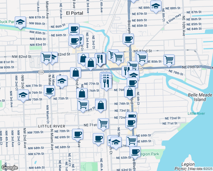 map of restaurants, bars, coffee shops, grocery stores, and more near 7600 Northeast 4th Court in Miami