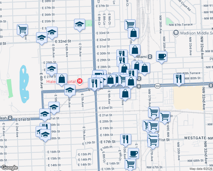 map of restaurants, bars, coffee shops, grocery stores, and more near 860 East 25th Street in Hialeah