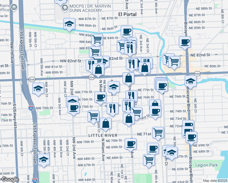 map of restaurants, bars, coffee shops, grocery stores, and more near 7550 Northeast 1st Court in Miami