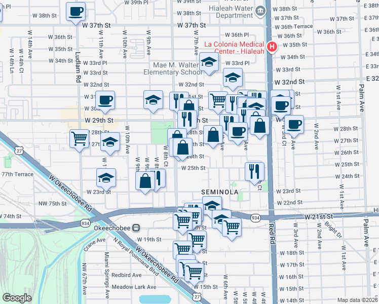 map of restaurants, bars, coffee shops, grocery stores, and more near 720 West 26th Street in Hialeah