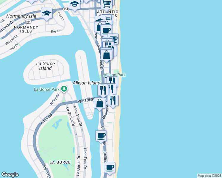 map of restaurants, bars, coffee shops, grocery stores, and more near 6345 Collins Avenue in Miami Beach