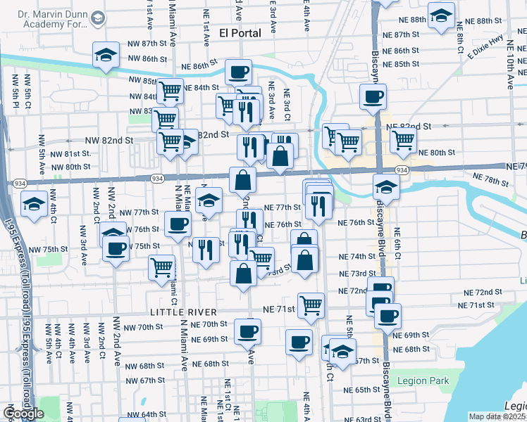 map of restaurants, bars, coffee shops, grocery stores, and more near 259 Northeast 76th Street in Miami