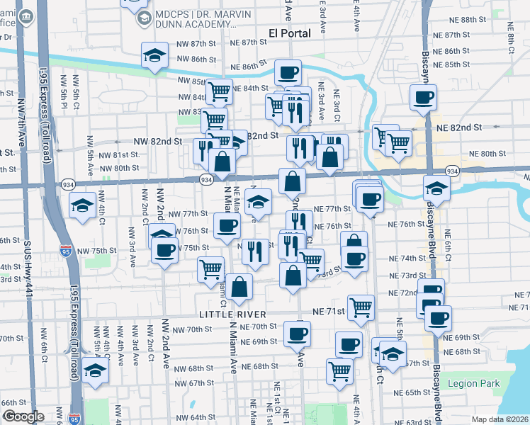 map of restaurants, bars, coffee shops, grocery stores, and more near 7550 Northeast 1st Court in Miami
