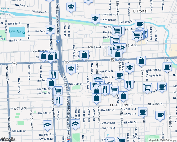 map of restaurants, bars, coffee shops, grocery stores, and more near 7636 Northwest 2nd Court in Miami