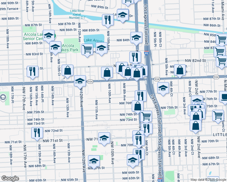 map of restaurants, bars, coffee shops, grocery stores, and more near 867 Northwest 77th Street in Miami