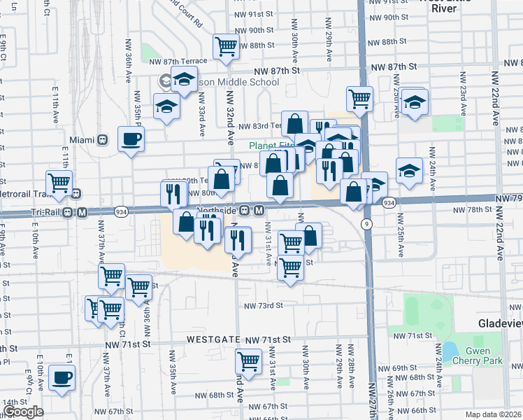 map of restaurants, bars, coffee shops, grocery stores, and more near 3131 Northwest 77th Street in Miami