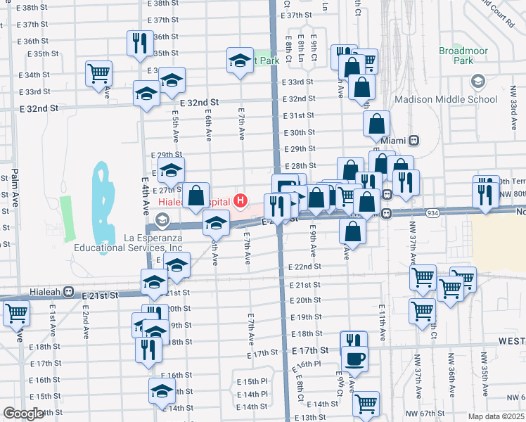 map of restaurants, bars, coffee shops, grocery stores, and more near 790 East 25th Street in Hialeah