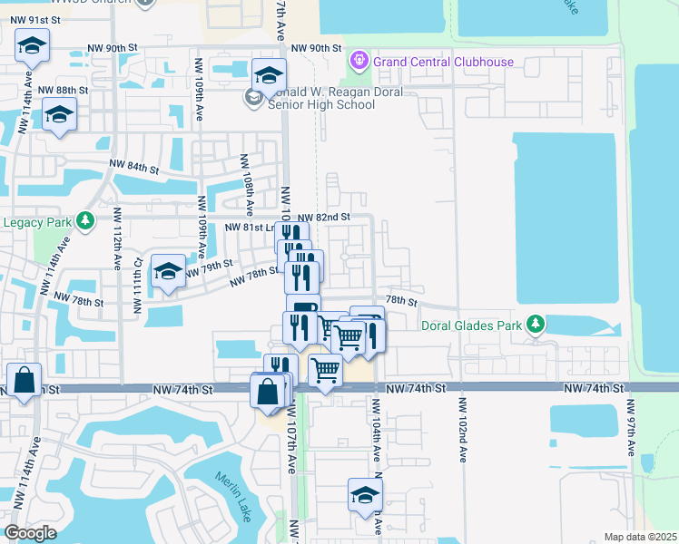 map of restaurants, bars, coffee shops, grocery stores, and more near 10569 Northwest 78th Terrace in Doral