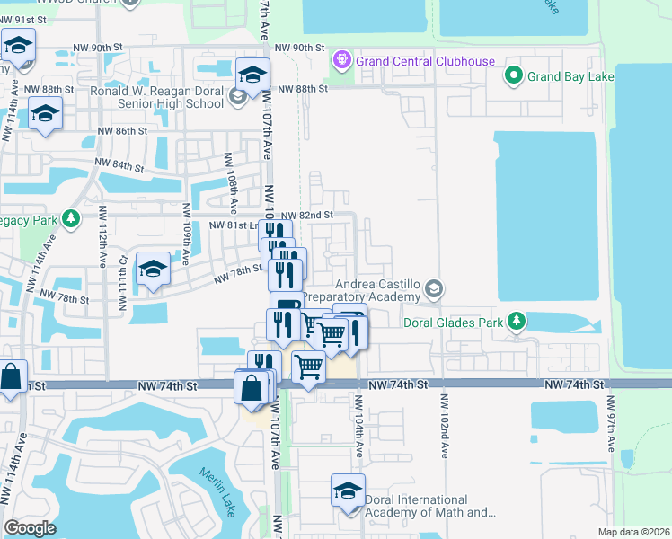 map of restaurants, bars, coffee shops, grocery stores, and more near 7814 Northwest 104th Court in Doral