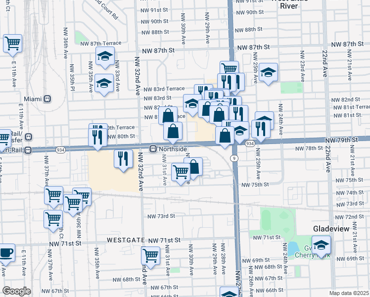 map of restaurants, bars, coffee shops, grocery stores, and more near 201 Northwest 30th Avenue in Miami