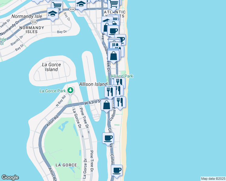 map of restaurants, bars, coffee shops, grocery stores, and more near 6363 Indian Creek Drive in Miami Beach