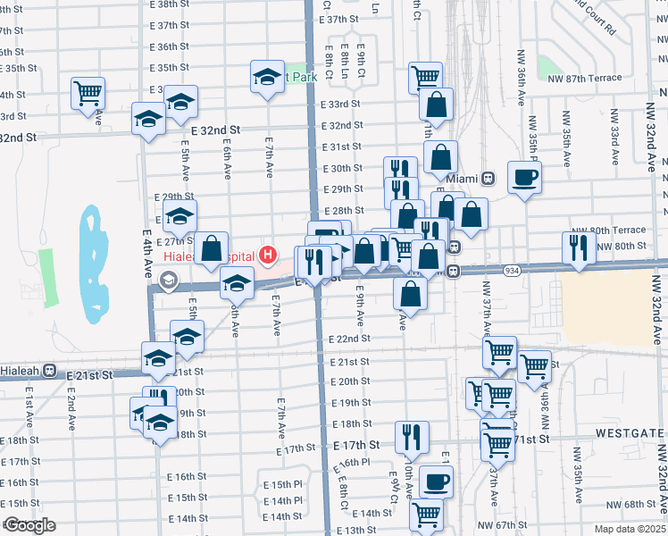 map of restaurants, bars, coffee shops, grocery stores, and more near 860 East 25th Street in Hialeah