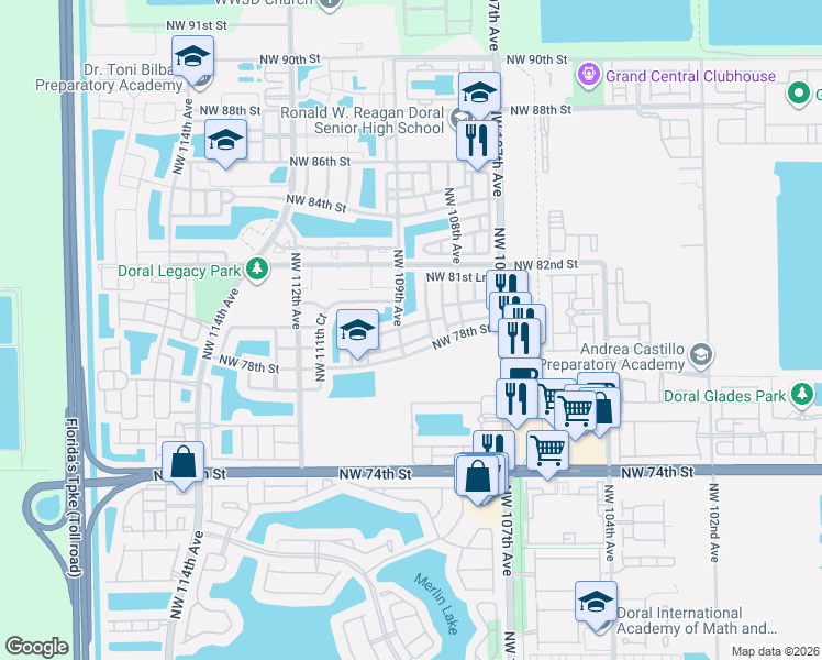 map of restaurants, bars, coffee shops, grocery stores, and more near 10900 Northwest 78th Terrace in Doral