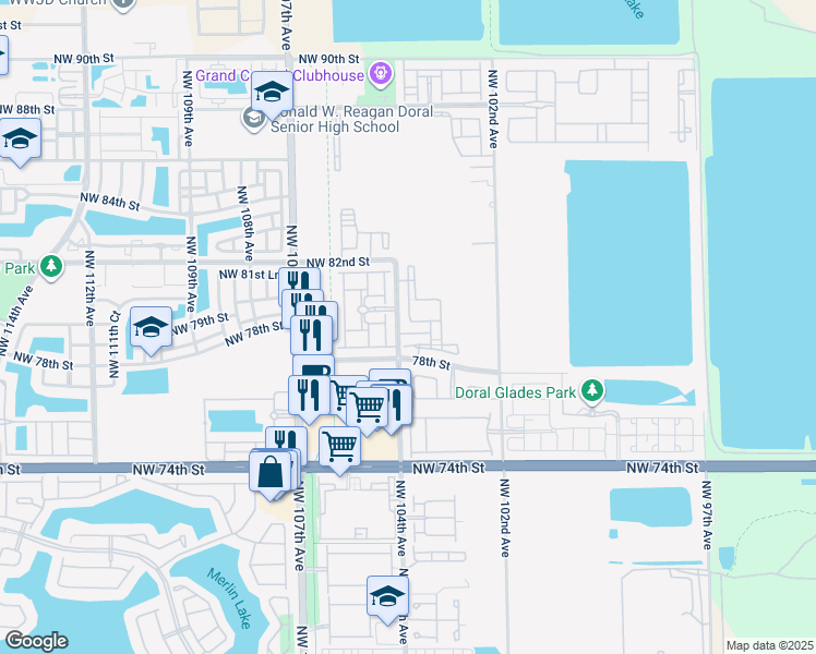 map of restaurants, bars, coffee shops, grocery stores, and more near 7855 Northwest 104th Avenue in Doral