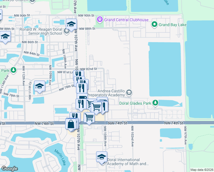 map of restaurants, bars, coffee shops, grocery stores, and more near 7855 Northwest 104th Avenue in Doral
